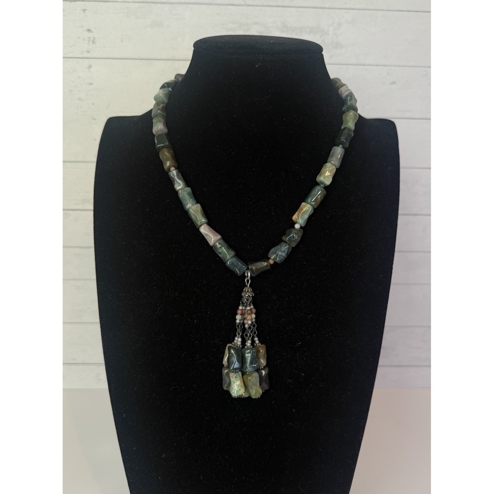 Vintage 925 Sterling Silver Gemstone Beaded Tassel Pendant Necklace 10.5" Boho